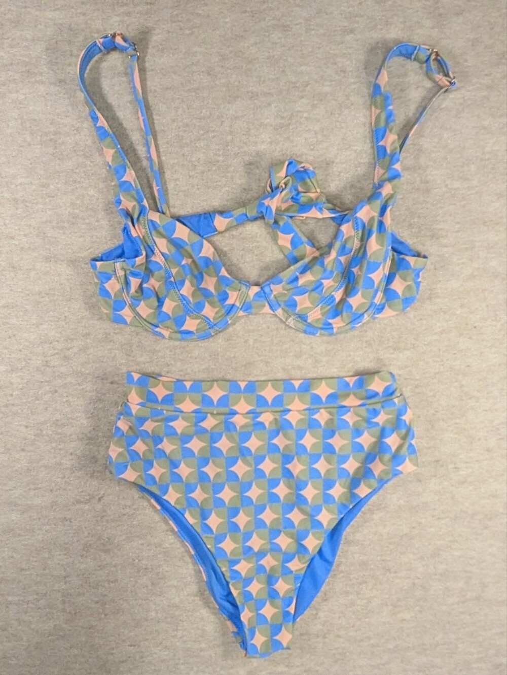 Raisins Retro Geometric Two Piece Bikini Set Blue Peach Olive Green Cheeky Sm